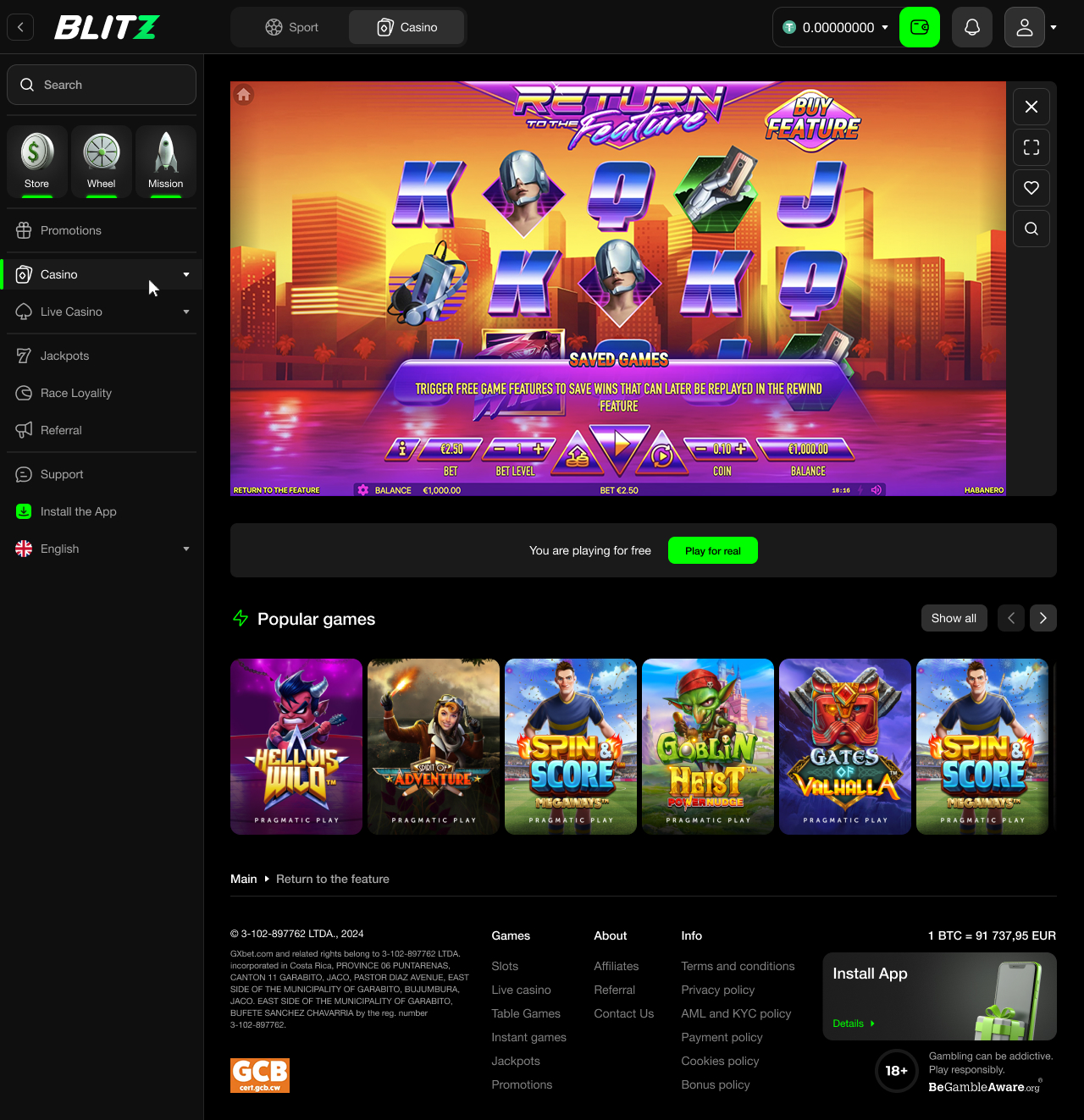 Interface da plataforma Blitz aposta com vários desportos disponíveis